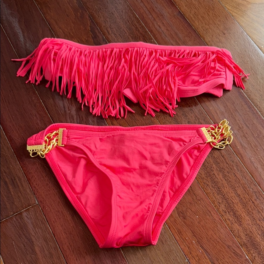 L*space Pink Fringe Bikini with Gold Chain Accents